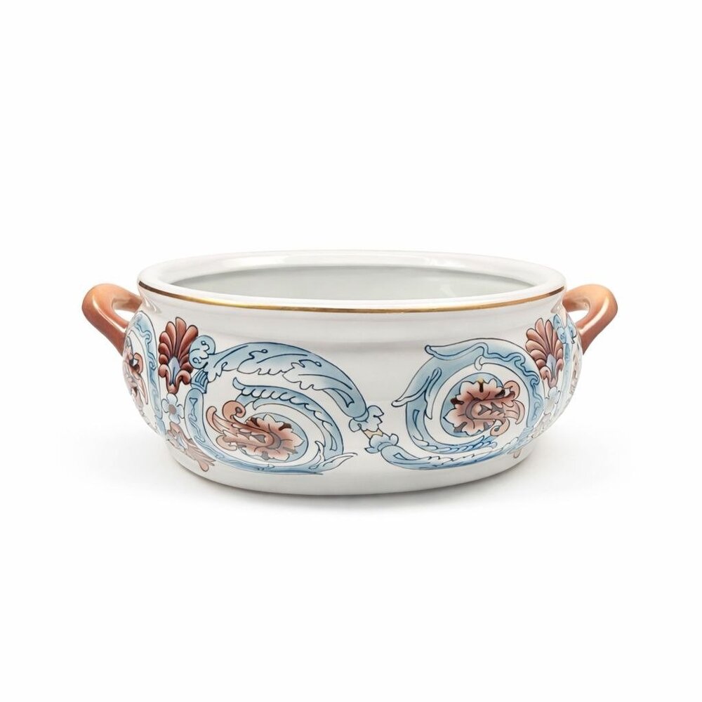 Jardiniere Planter Pot Hand Painted Handled Ceramaic Teal Brown Home Decor Decor